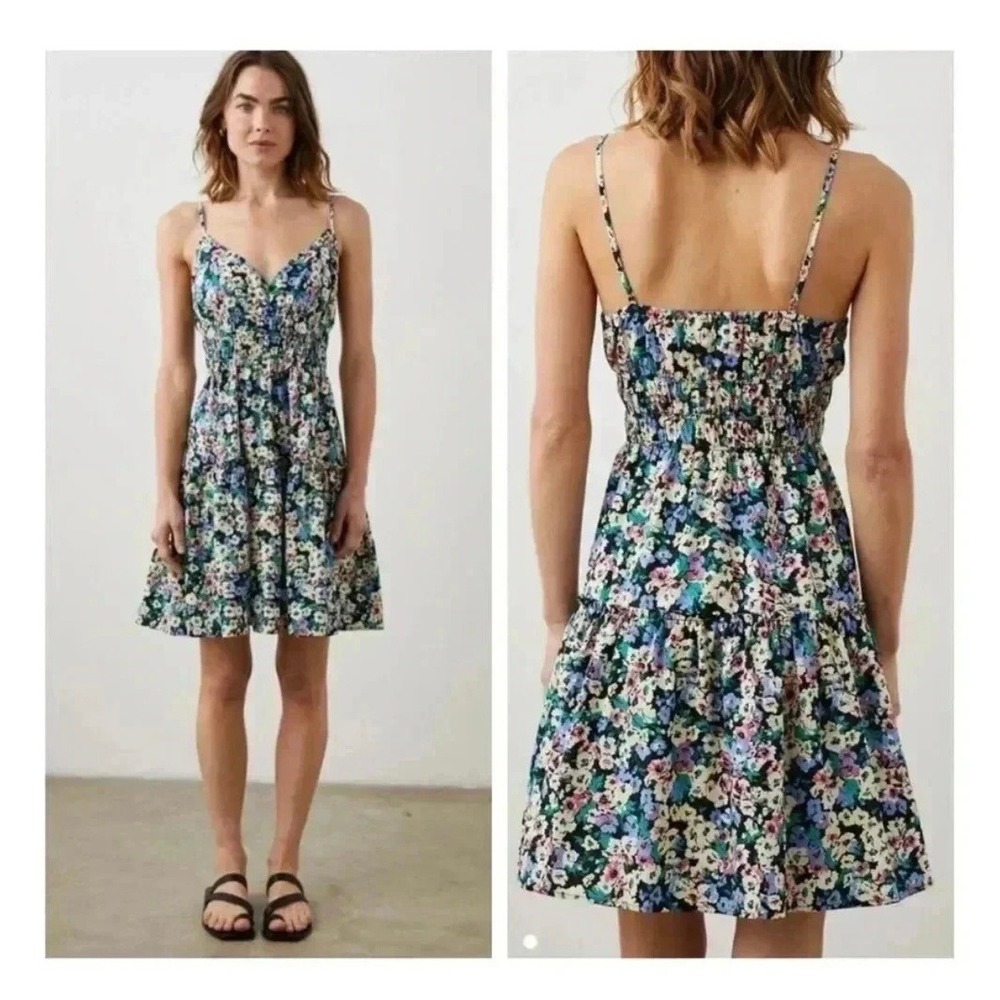 Rails Women Small Floral Smocked Tiered Mini Dress Cotton Tencel  V-Neck